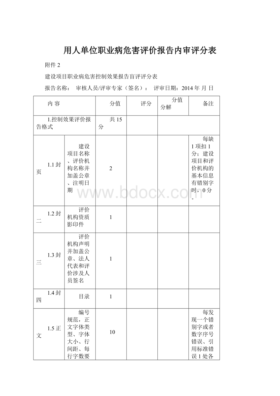 用人单位职业病危害评价报告内审评分表Word文档下载推荐.docx_第1页