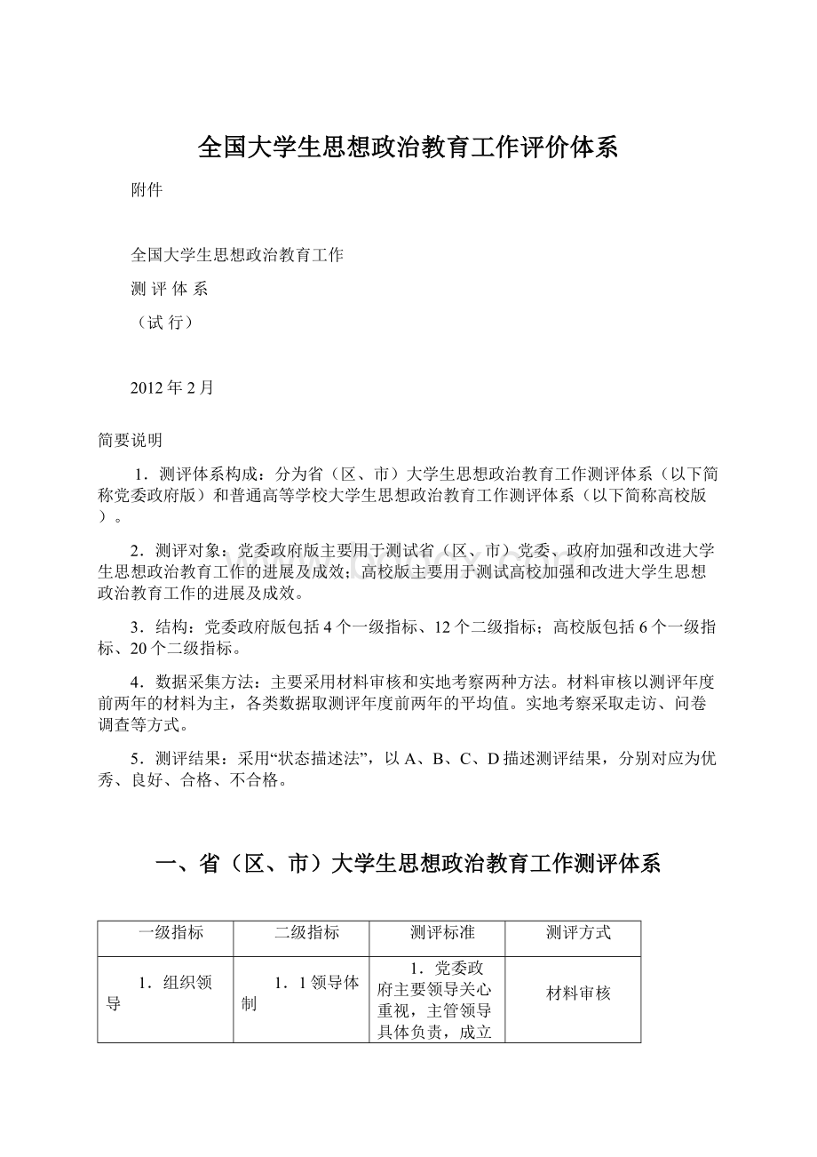 全国大学生思想政治教育工作评价体系.docx_第1页