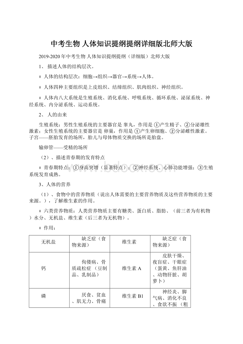 中考生物 人体知识提纲提纲详细版北师大版Word下载.docx_第1页