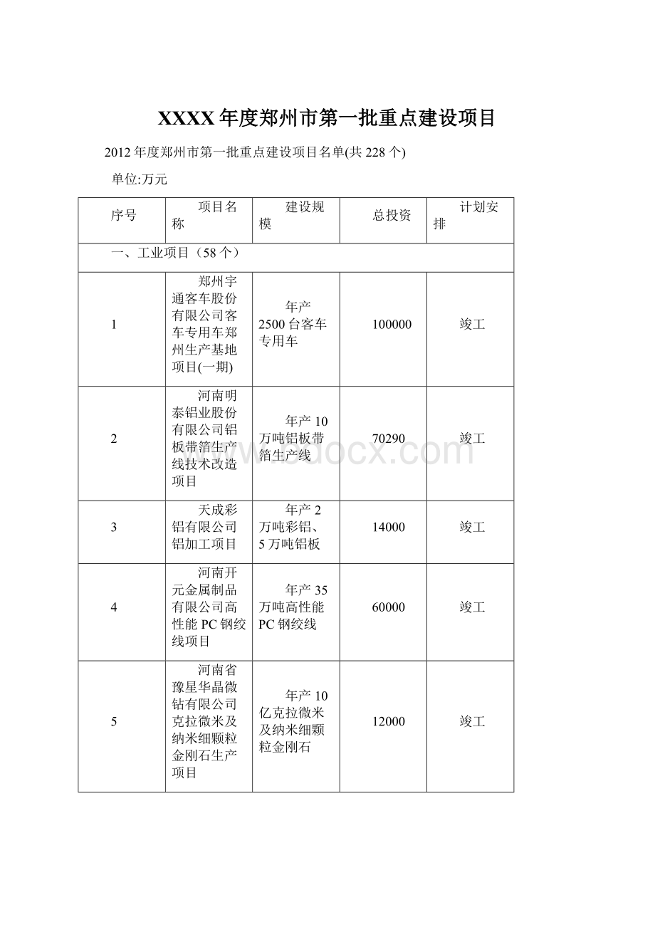 XXXX年度郑州市第一批重点建设项目.docx