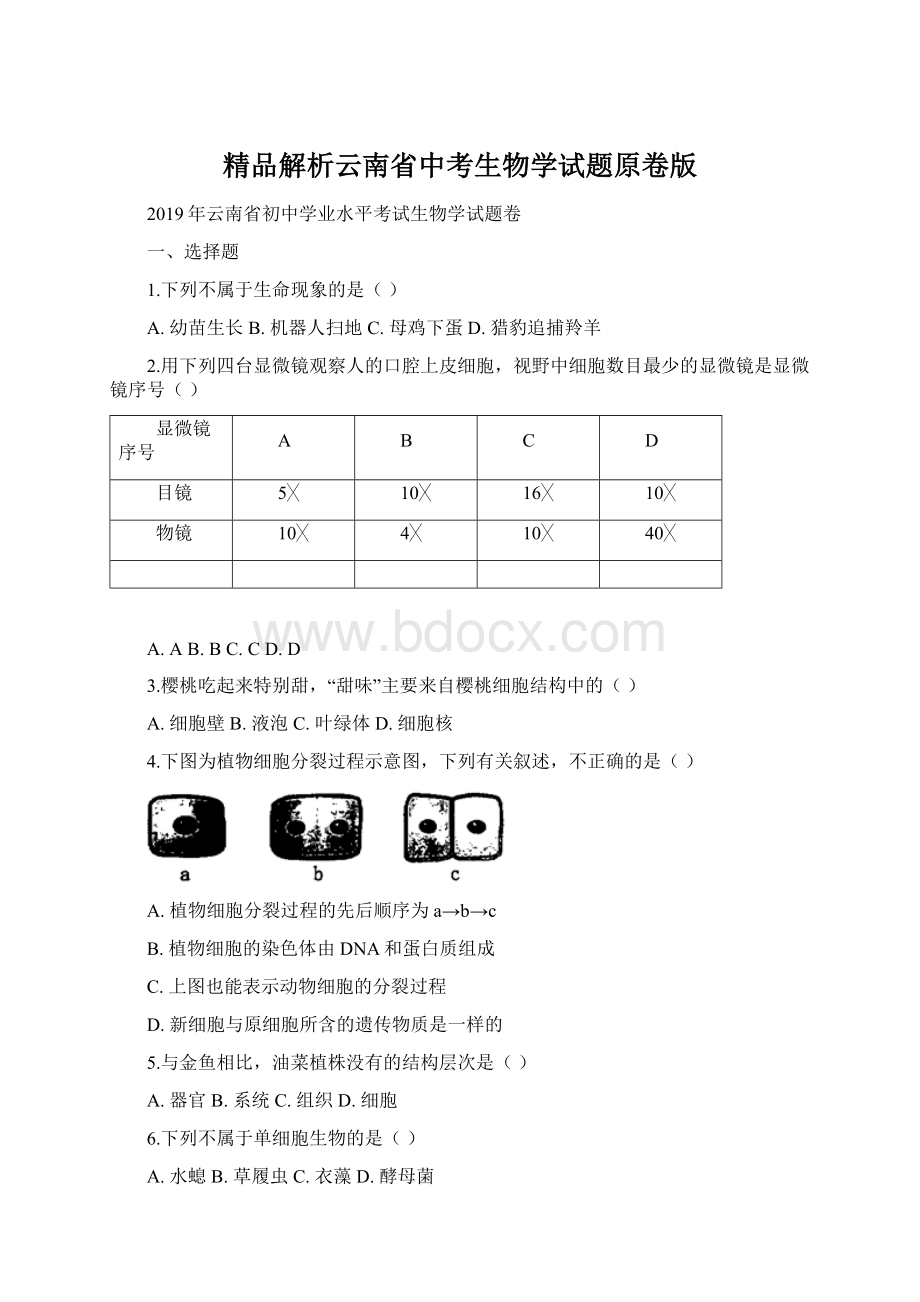 精品解析云南省中考生物学试题原卷版Word下载.docx