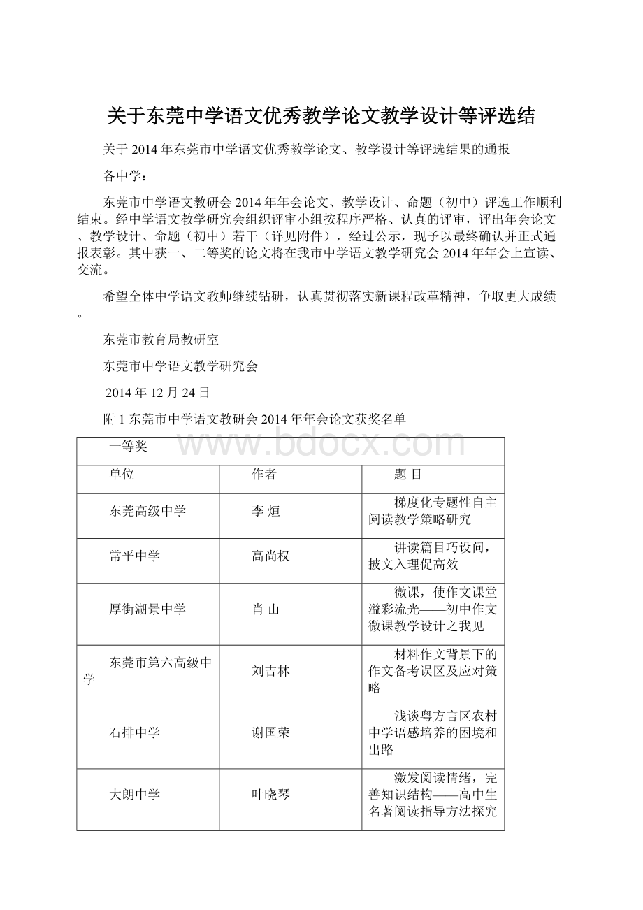 关于东莞中学语文优秀教学论文教学设计等评选结.docx