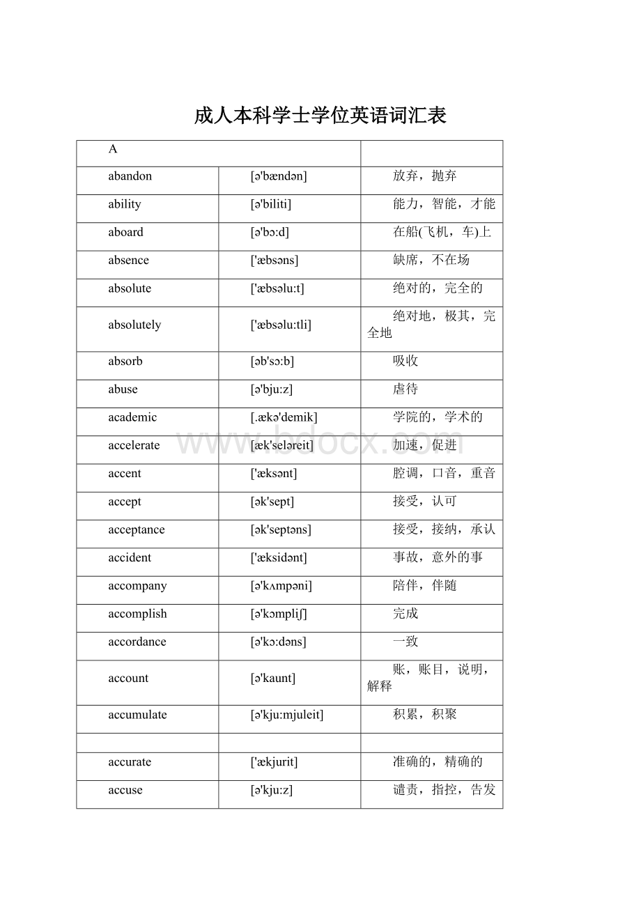 成人本科学士学位英语词汇表Word文件下载.docx_第1页