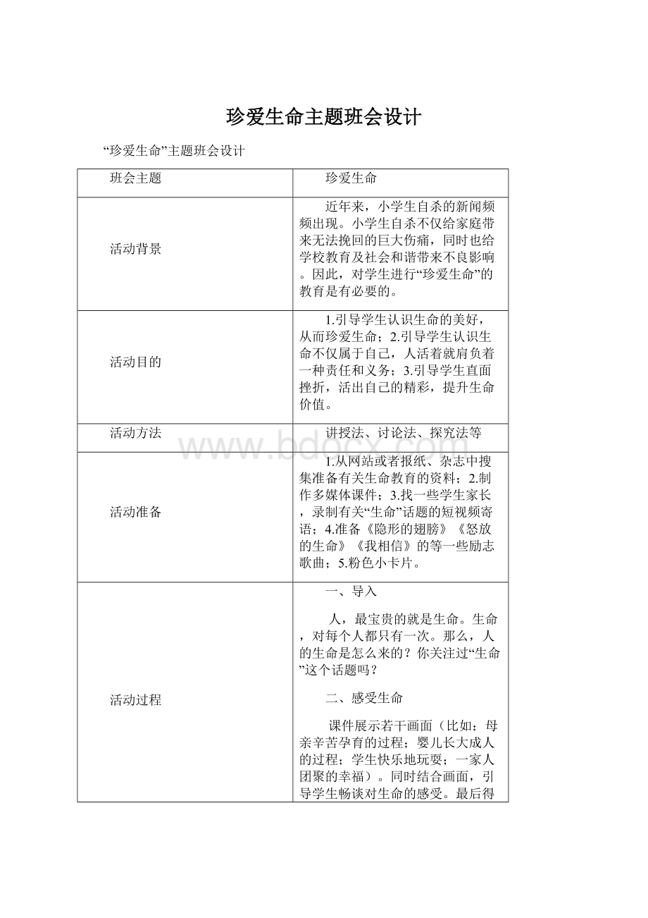 珍爱生命主题班会设计Word文件下载.docx