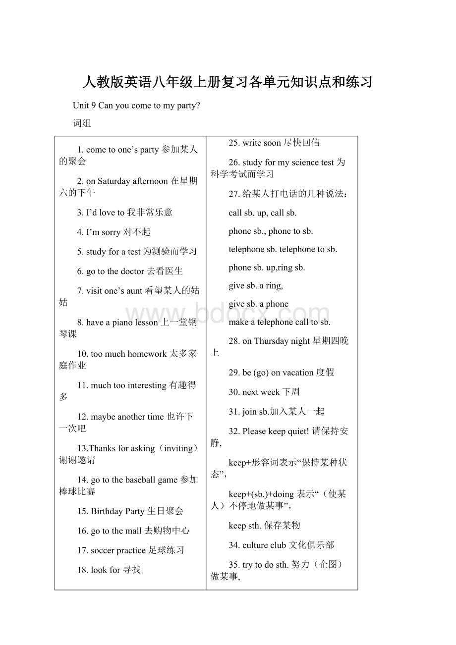 人教版英语八年级上册复习各单元知识点和练习.docx