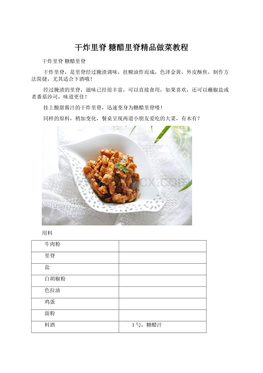 干炸里脊 糖醋里脊精品做菜教程Word文档格式.docx