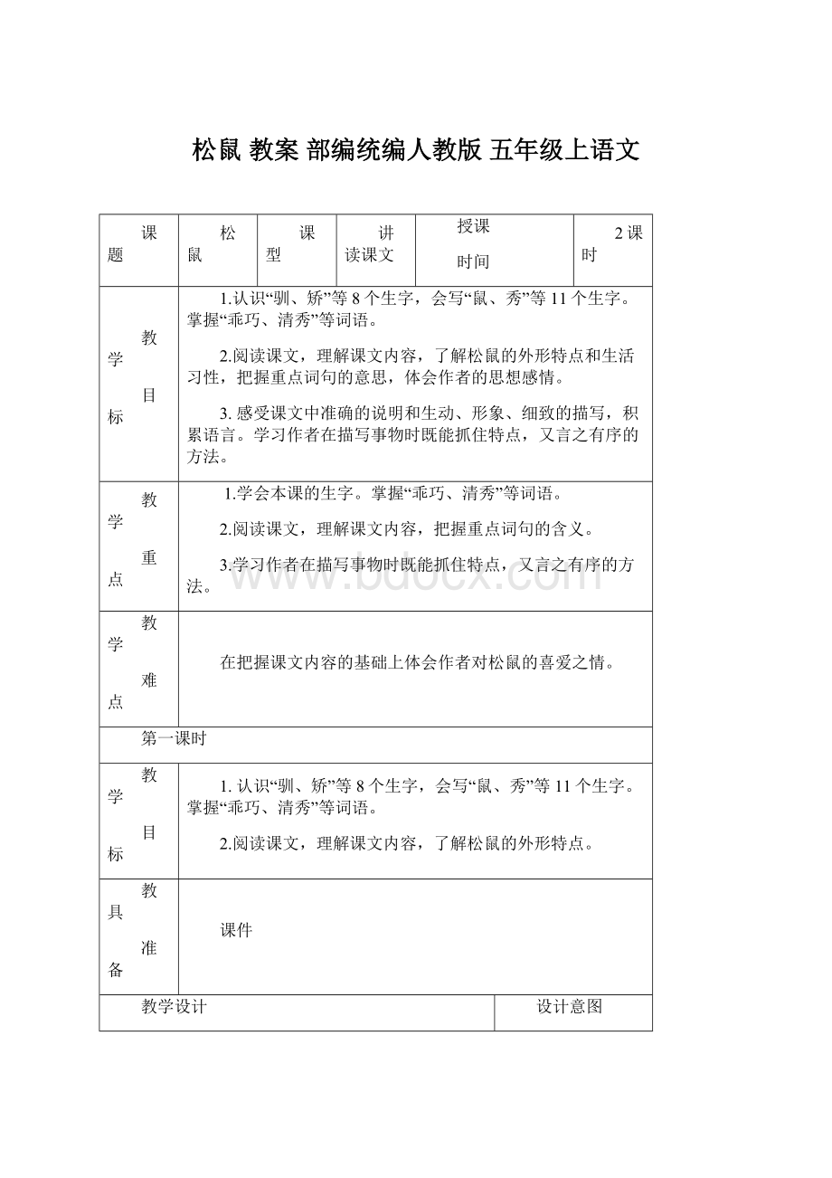 松鼠 教案部编统编人教版五年级上语文文档格式.docx