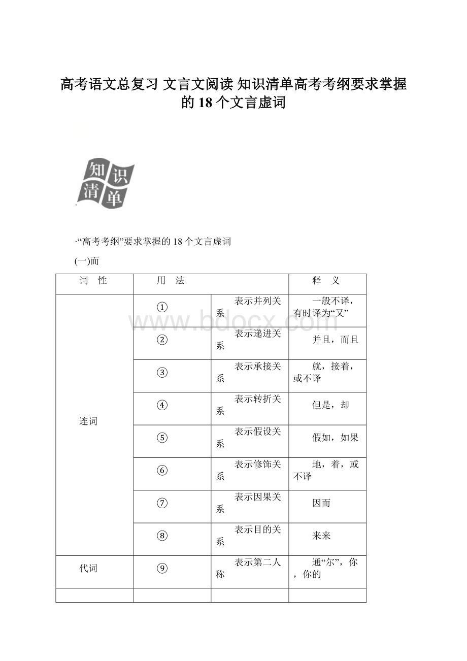 高考语文总复习 文言文阅读 知识清单高考考纲要求掌握的18个文言虚词Word文档格式.docx