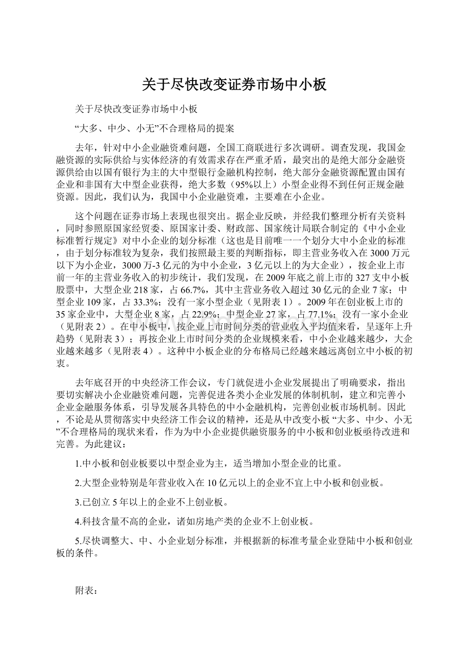 关于尽快改变证券市场中小板文档格式.docx_第1页