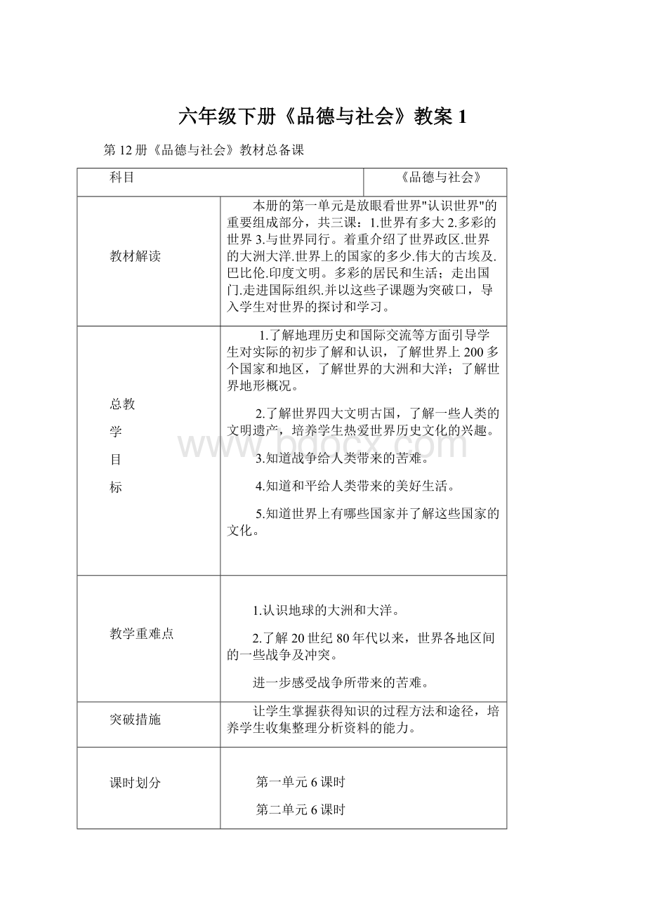 六年级下册《品德与社会》教案1.docx_第1页