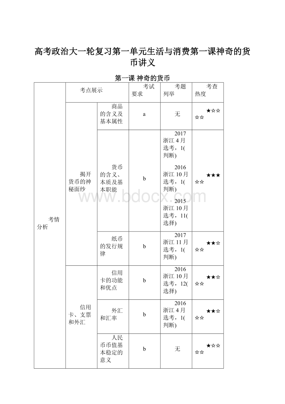 高考政治大一轮复习第一单元生活与消费第一课神奇的货币讲义.docx_第1页