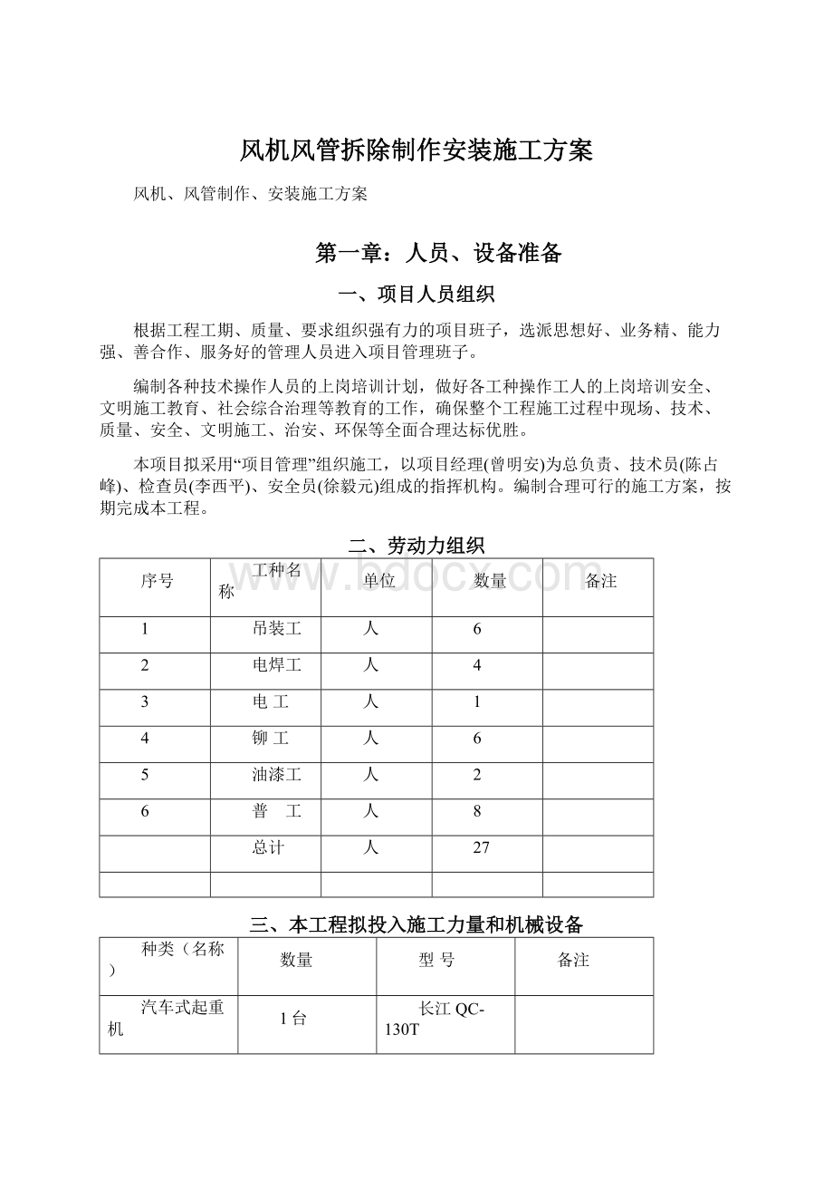 风机风管拆除制作安装施工方案Word格式文档下载.docx