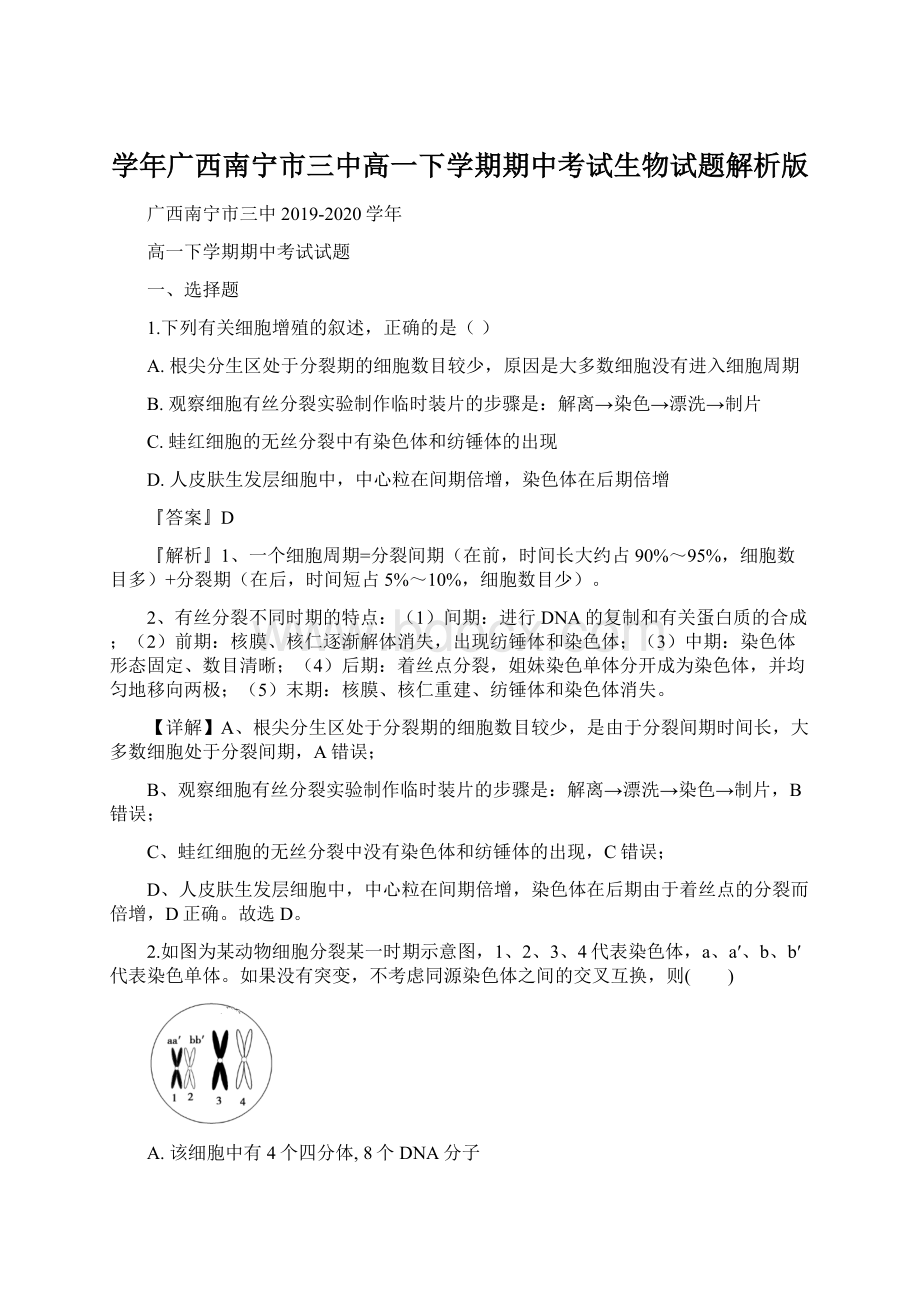 学年广西南宁市三中高一下学期期中考试生物试题解析版文档格式.docx