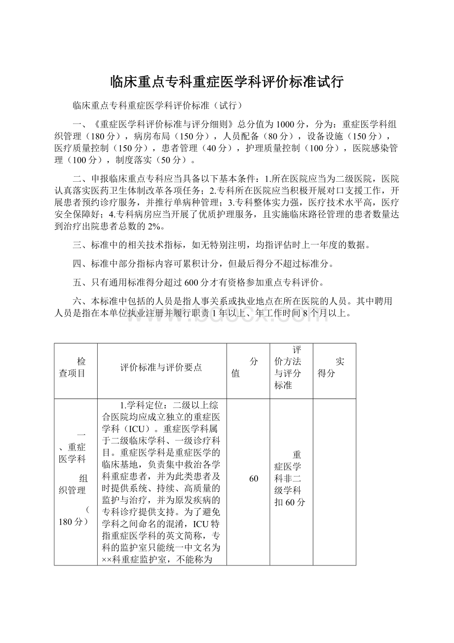 临床重点专科重症医学科评价标准试行.docx