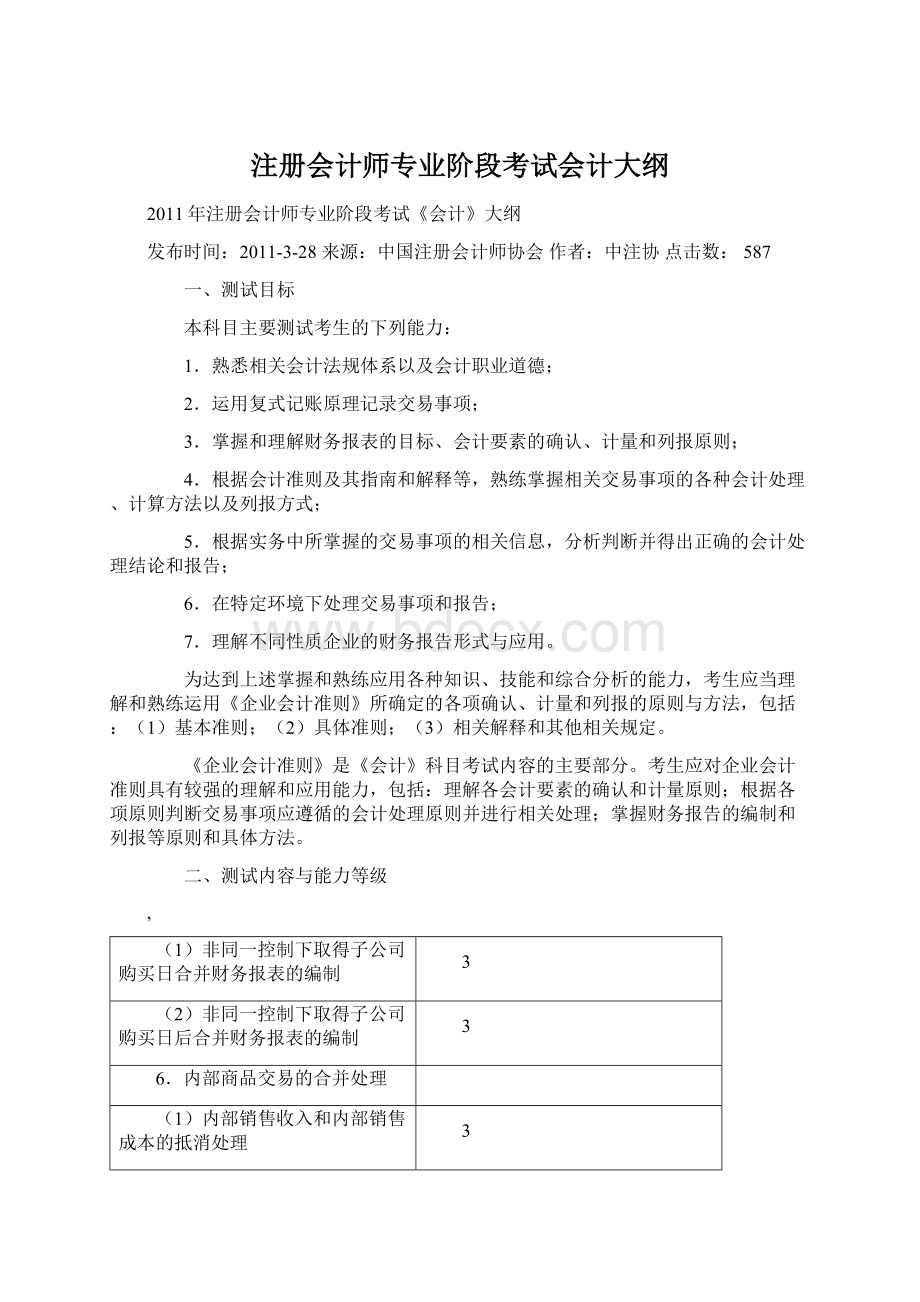 注册会计师专业阶段考试会计大纲Word下载.docx_第1页