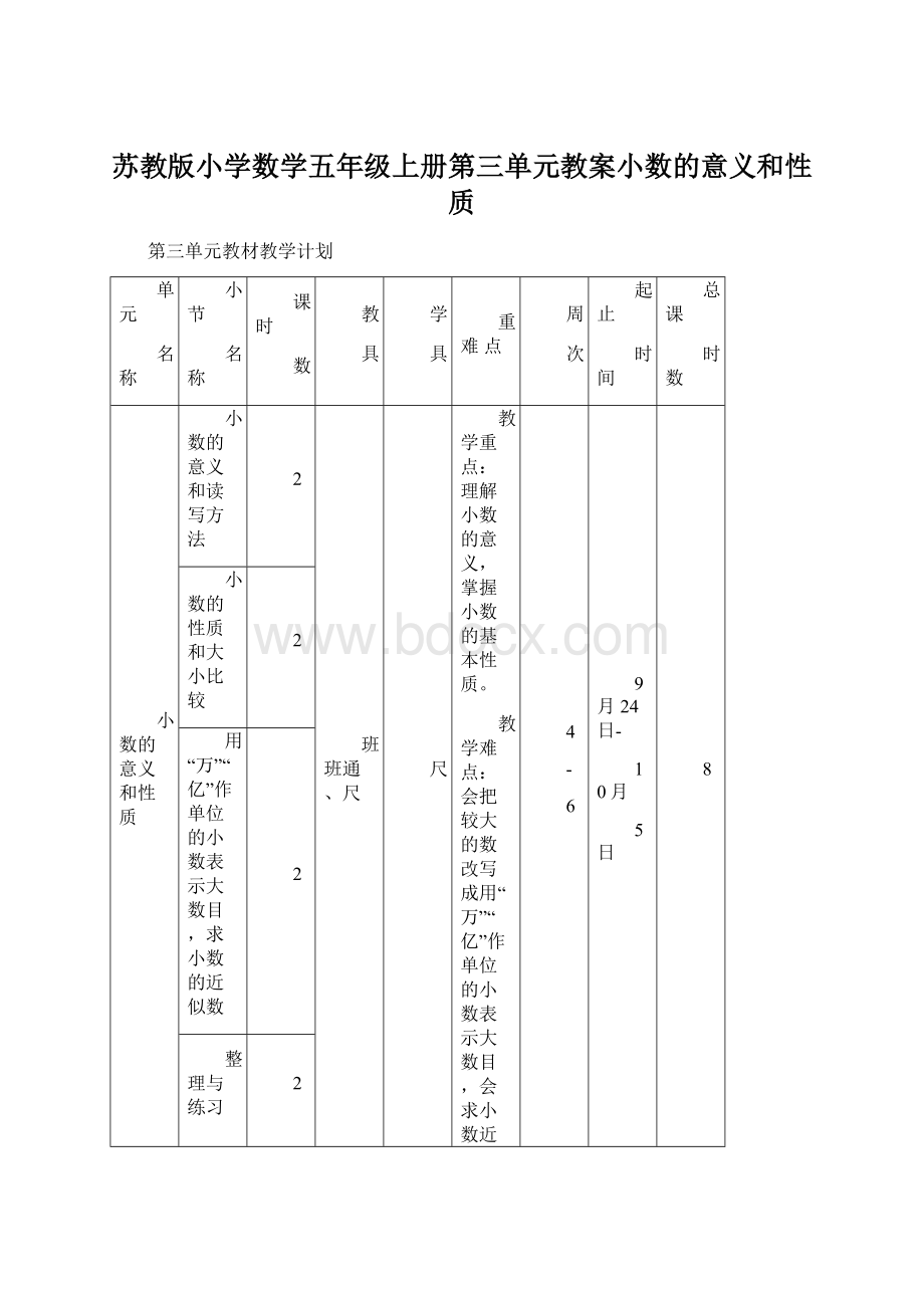 苏教版小学数学五年级上册第三单元教案小数的意义和性质.docx_第1页