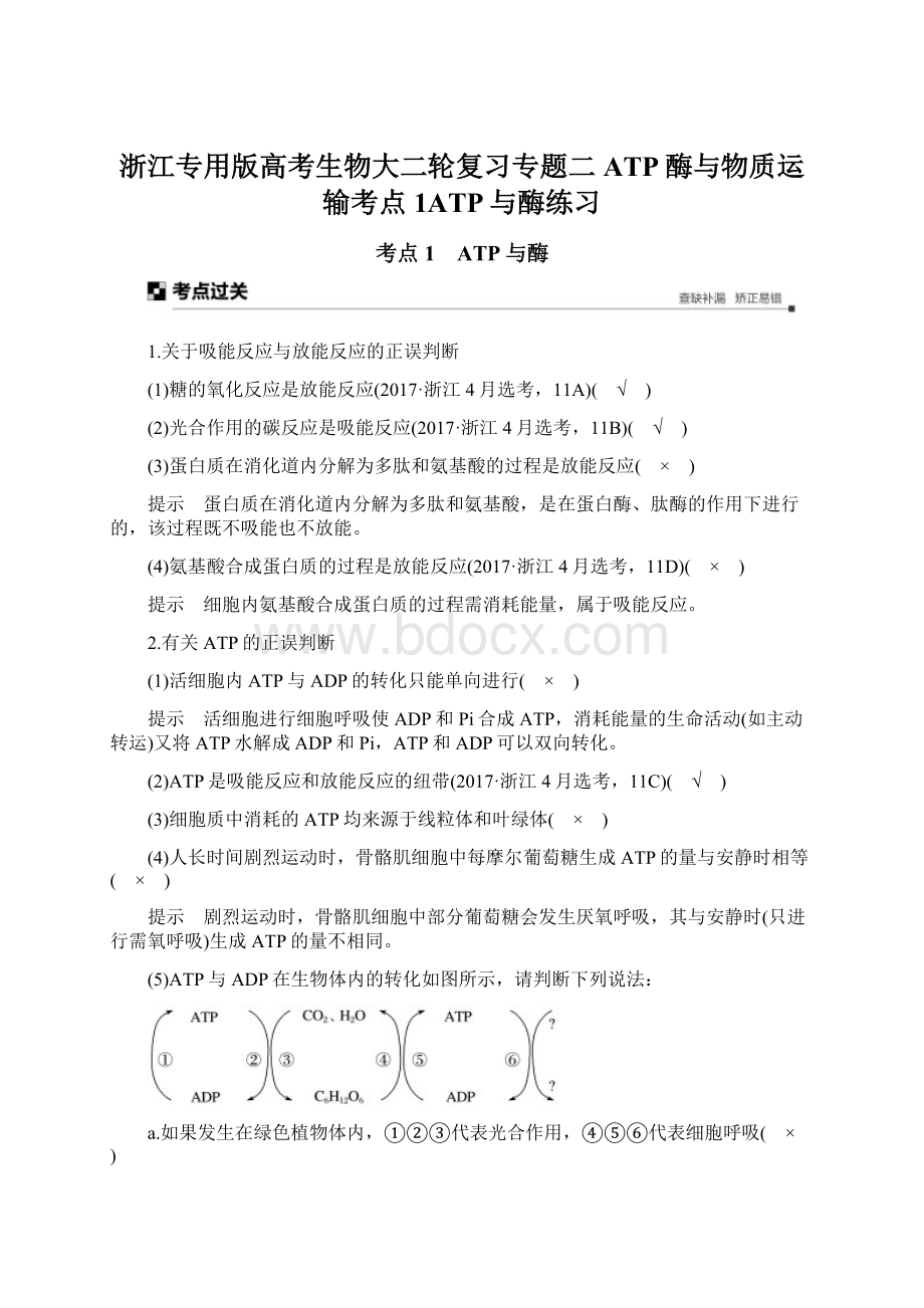 浙江专用版高考生物大二轮复习专题二ATP酶与物质运输考点1ATP与酶练习.docx