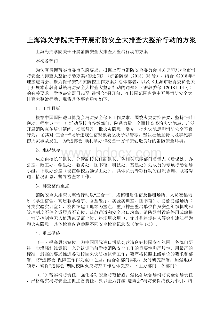 上海海关学院关于开展消防安全大排查大整治行动的方案Word文档下载推荐.docx