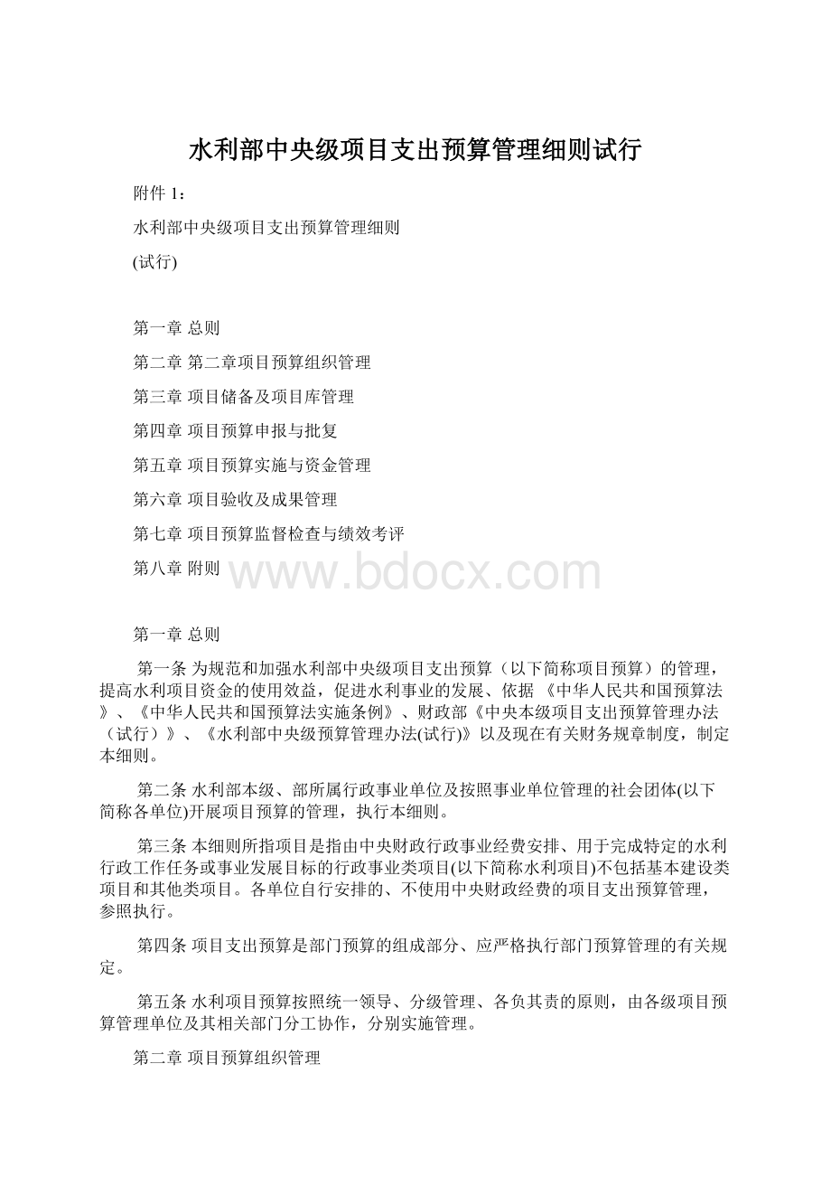 水利部中央级项目支出预算管理细则试行.docx_第1页