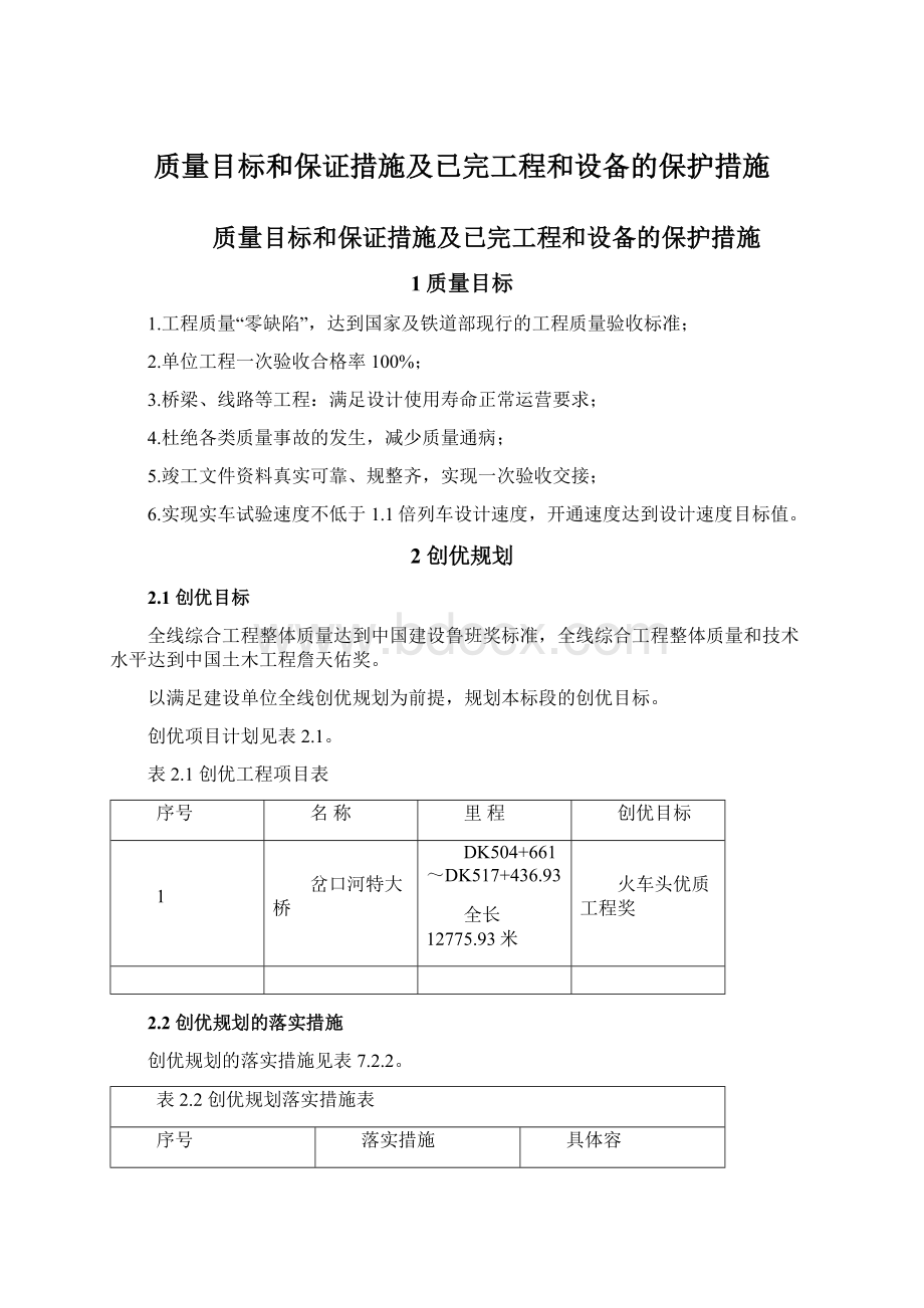 质量目标和保证措施及已完工程和设备的保护措施Word文件下载.docx_第1页