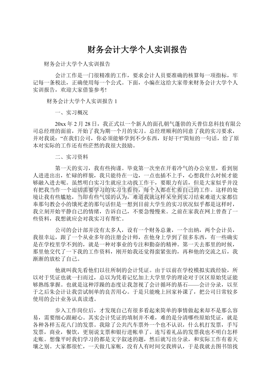 财务会计大学个人实训报告Word文档格式.docx