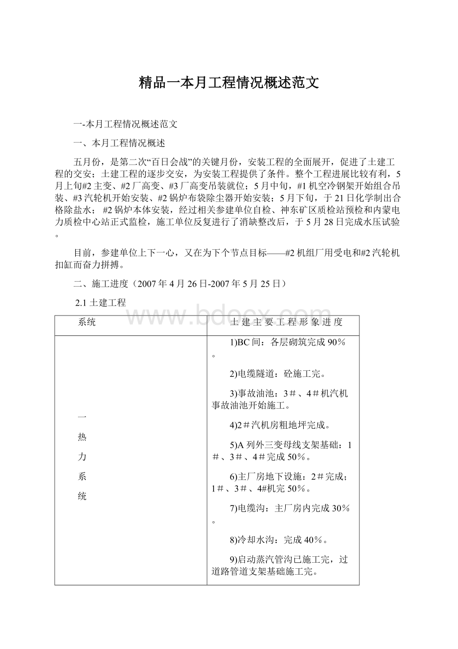 精品一本月工程情况概述范文文档格式.docx