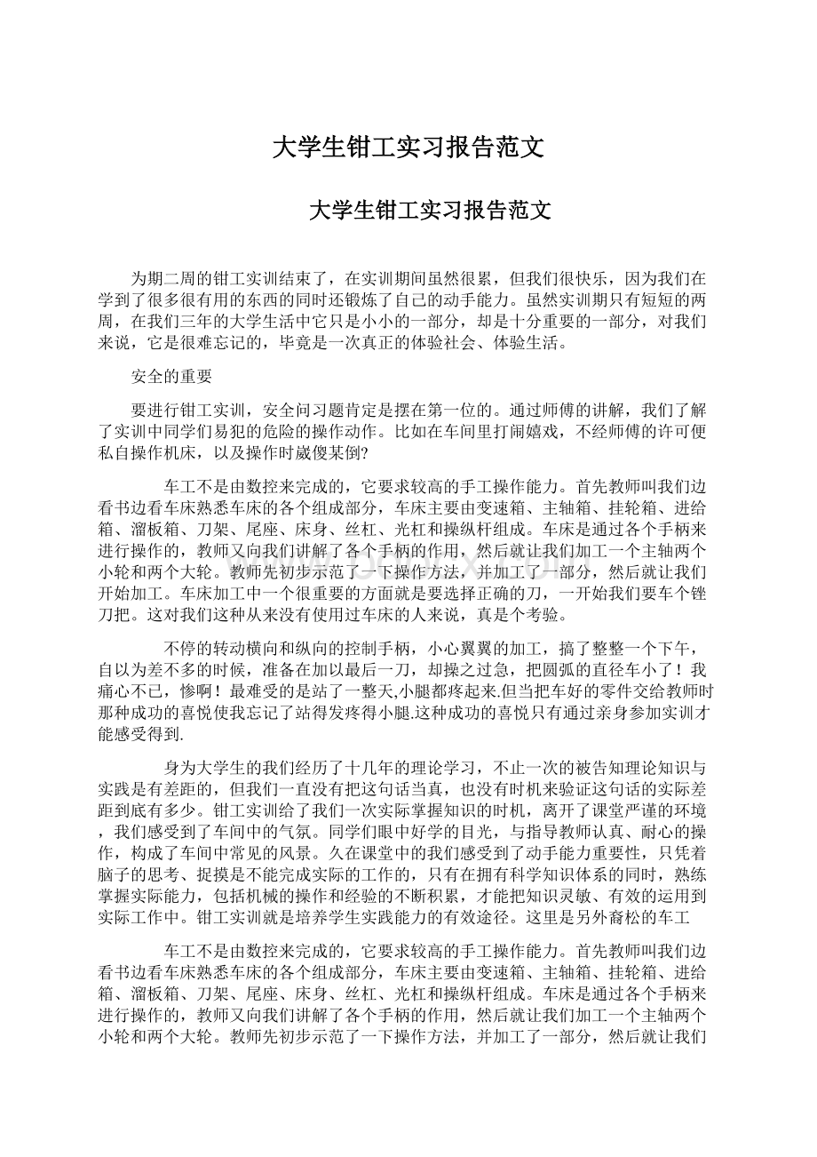 大学生钳工实习报告范文文档格式.docx_第1页