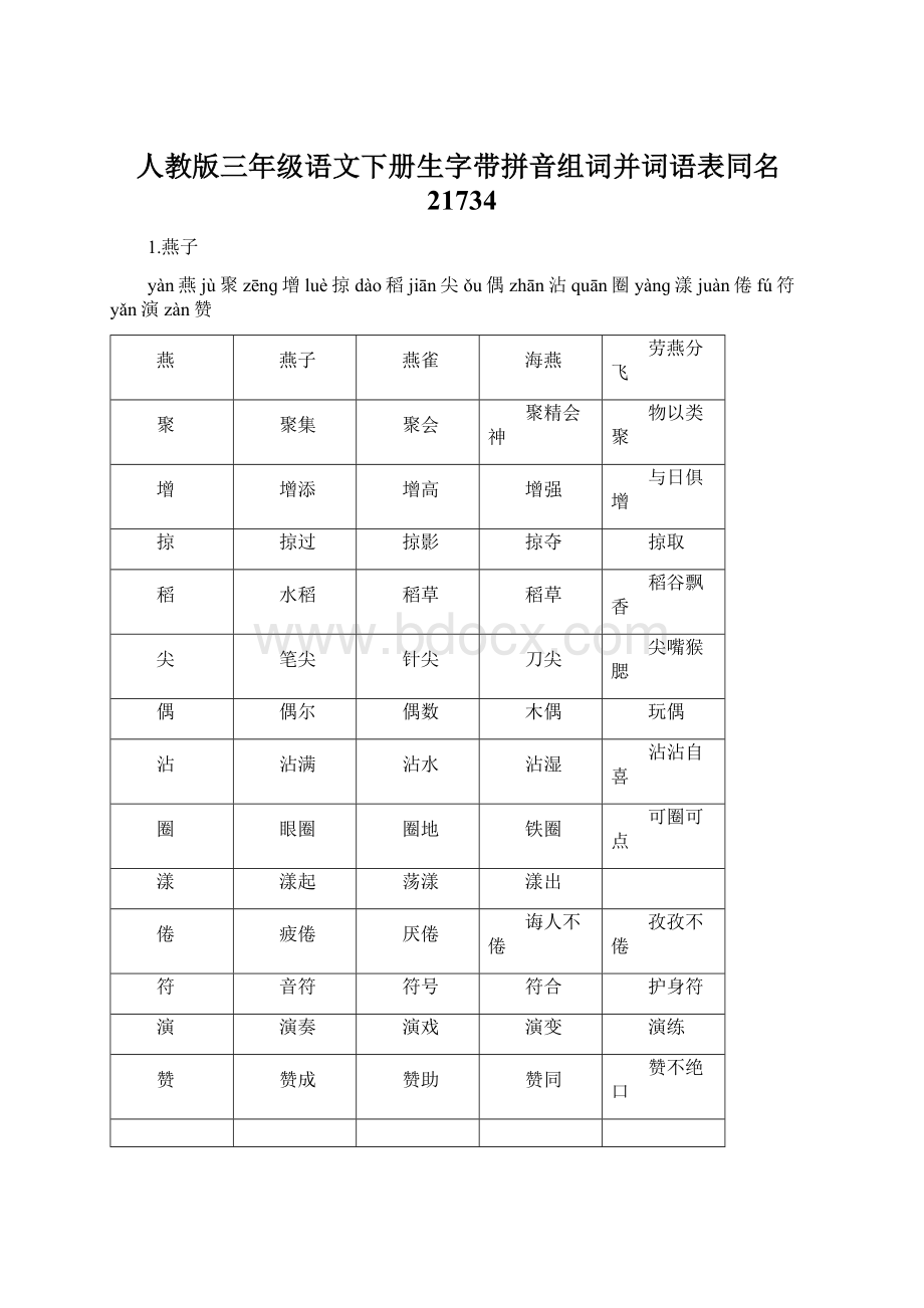 人教版三年级语文下册生字带拼音组词并词语表同名21734Word格式文档下载.docx