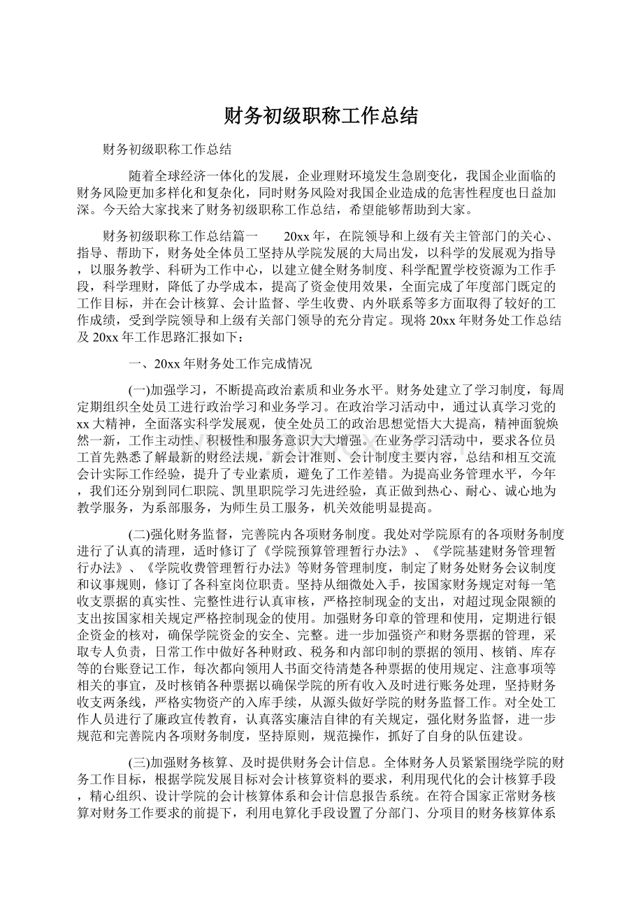 财务初级职称工作总结Word文档格式.docx