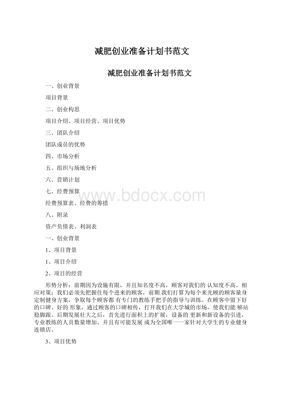 减肥创业准备计划书范文Word格式.docx