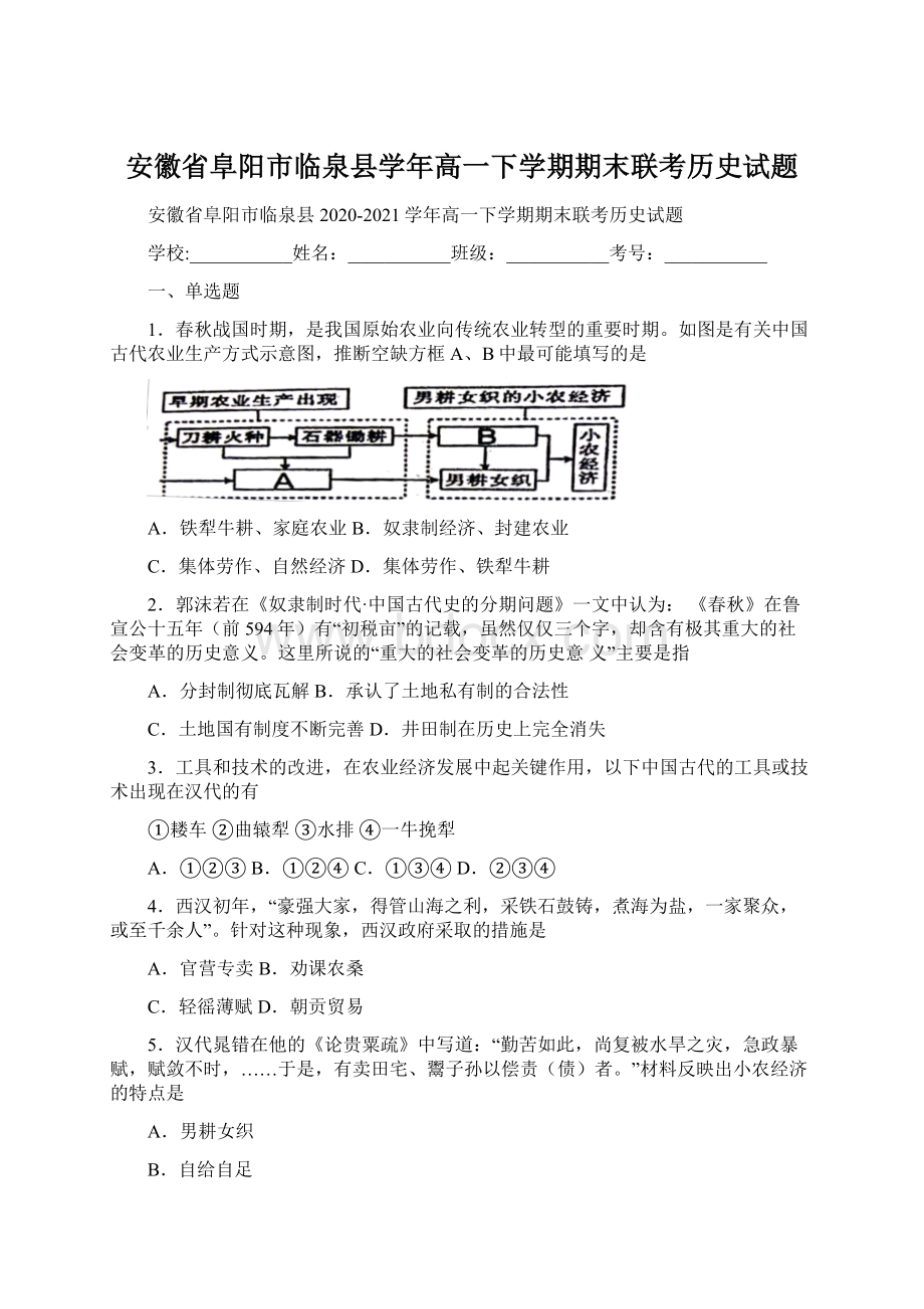 安徽省阜阳市临泉县学年高一下学期期末联考历史试题.docx_第1页