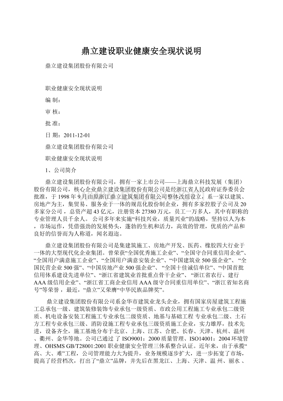 鼎立建设职业健康安全现状说明Word文档下载推荐.docx