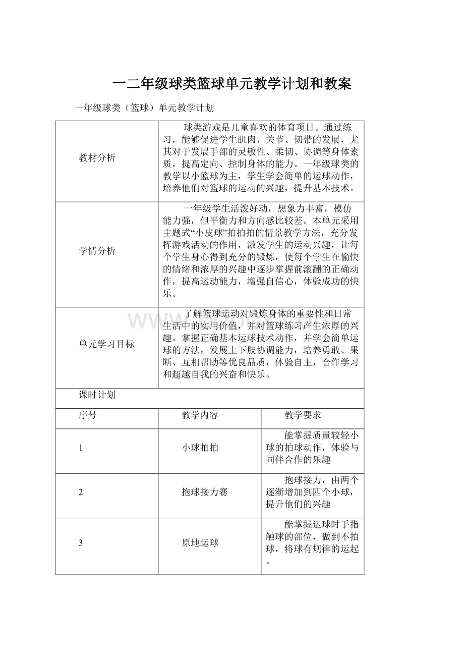 一二年级球类篮球单元教学计划和教案.docx_第1页