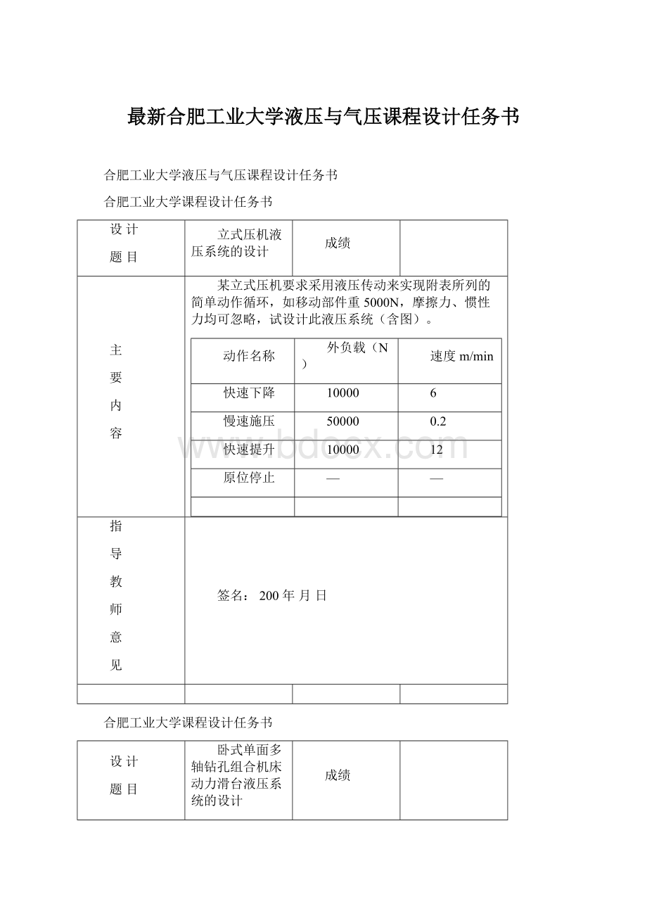 最新合肥工业大学液压与气压课程设计任务书Word文件下载.docx_第1页