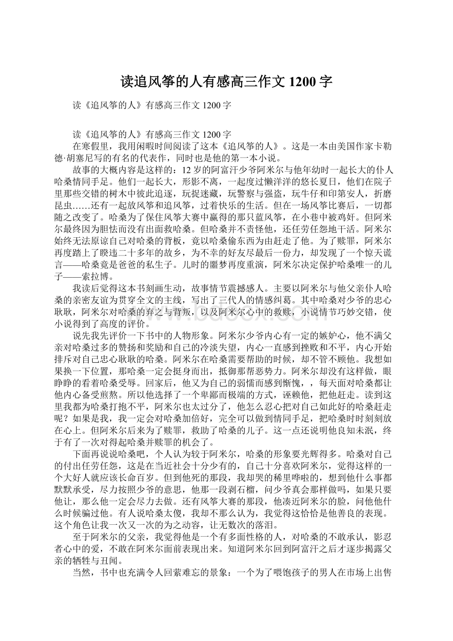 读追风筝的人有感高三作文1200字Word文档格式.docx_第1页