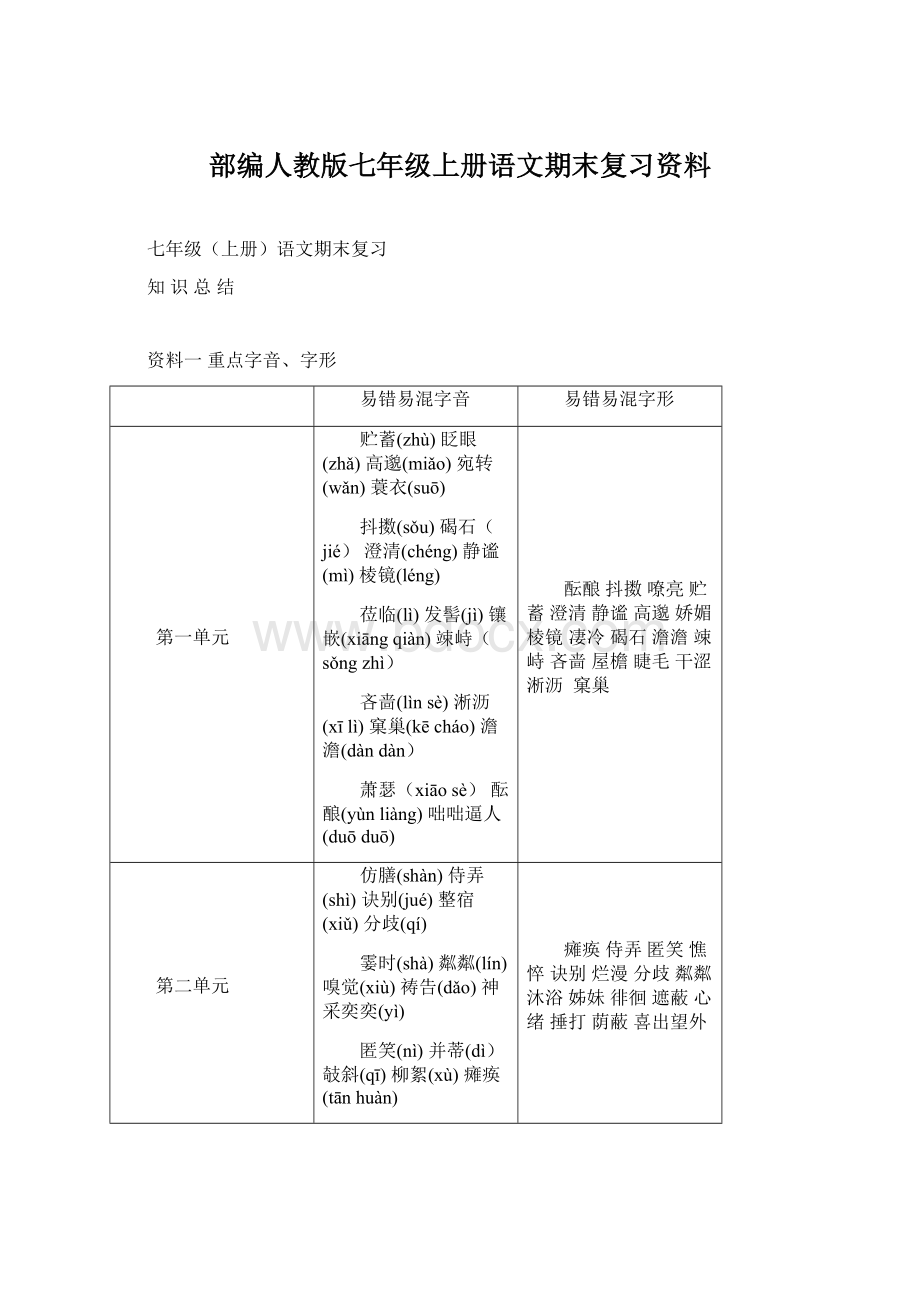 部编人教版七年级上册语文期末复习资料Word格式文档下载.docx_第1页