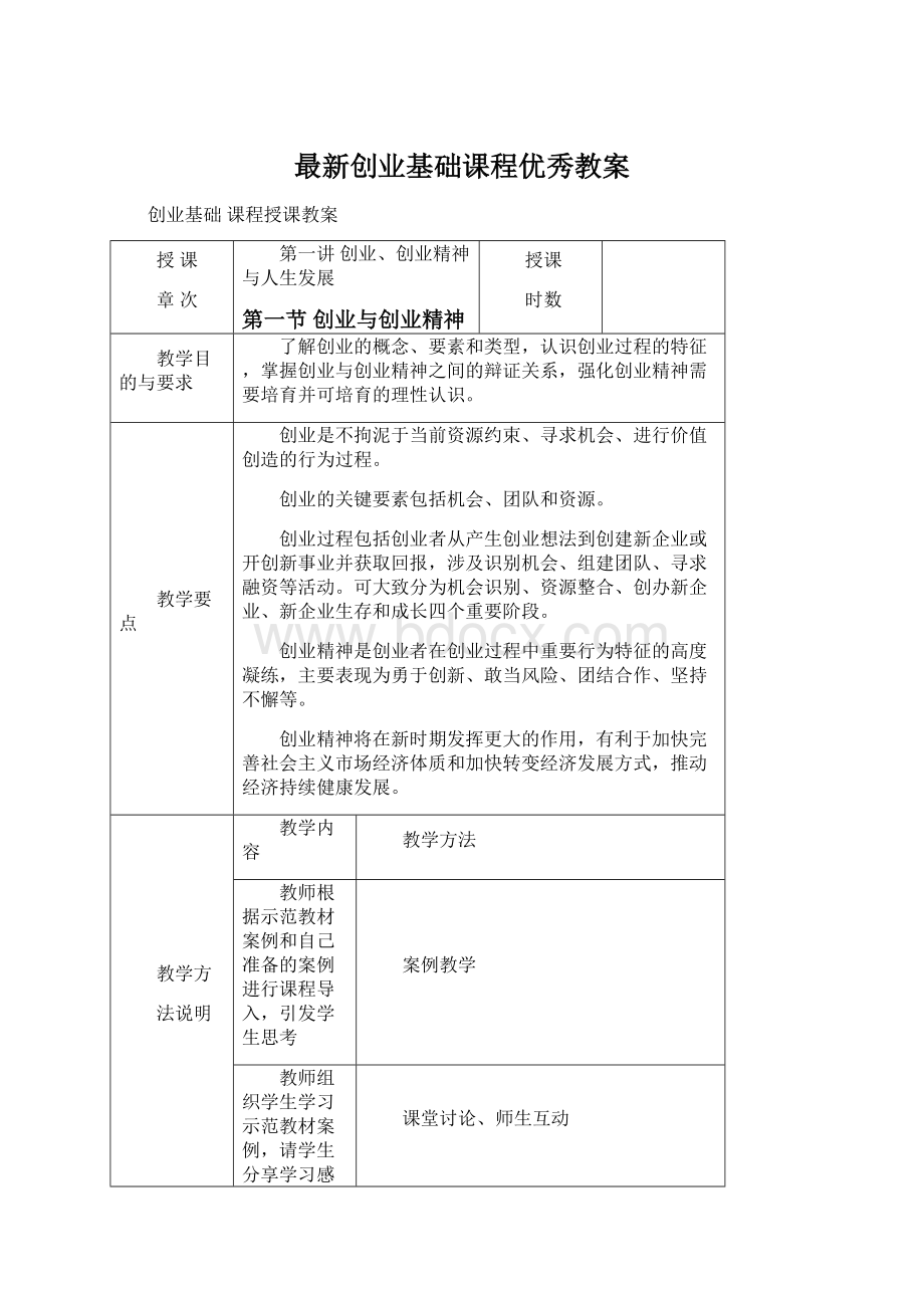 最新创业基础课程优秀教案.docx