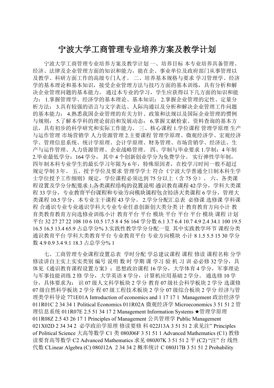 宁波大学工商管理专业培养方案及教学计划.docx_第1页