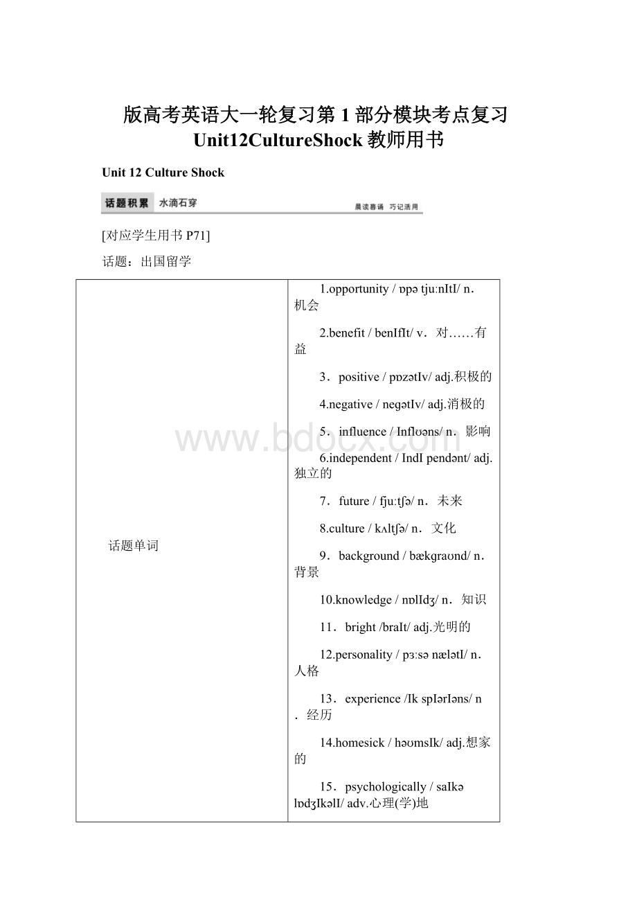 版高考英语大一轮复习第1部分模块考点复习Unit12CultureShock教师用书Word下载.docx_第1页