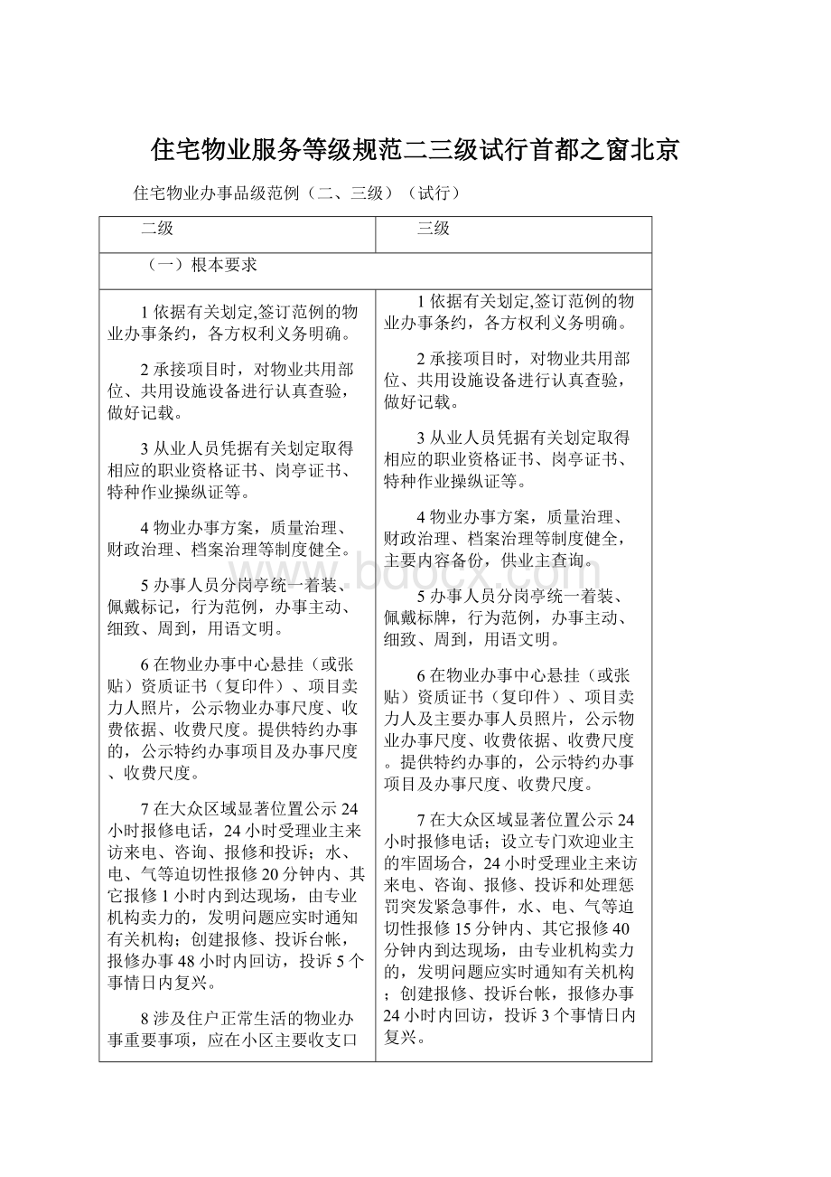 住宅物业服务等级规范二三级试行首都之窗北京Word文件下载.docx