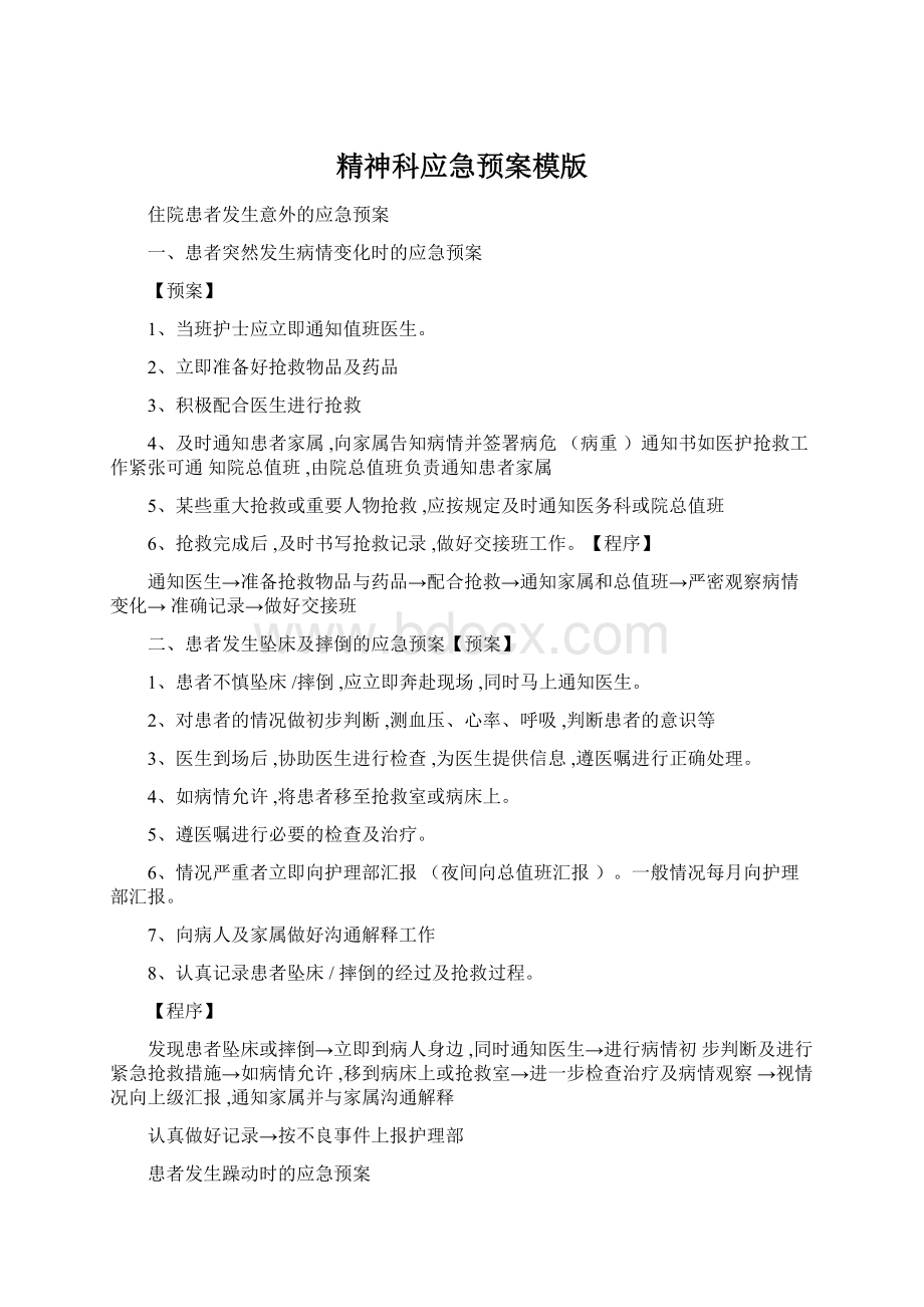 精神科应急预案模版Word格式文档下载.docx