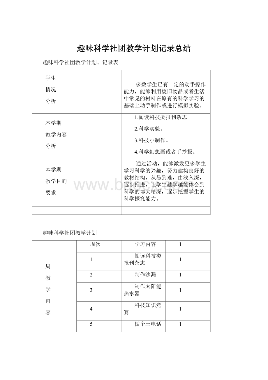 趣味科学社团教学计划记录总结Word格式文档下载.docx