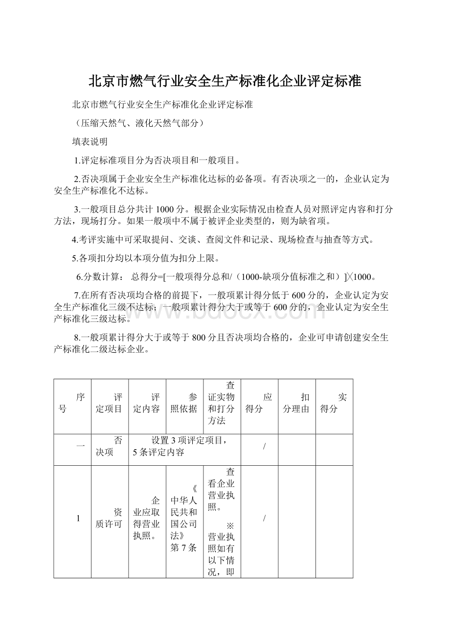 北京市燃气行业安全生产标准化企业评定标准Word下载.docx