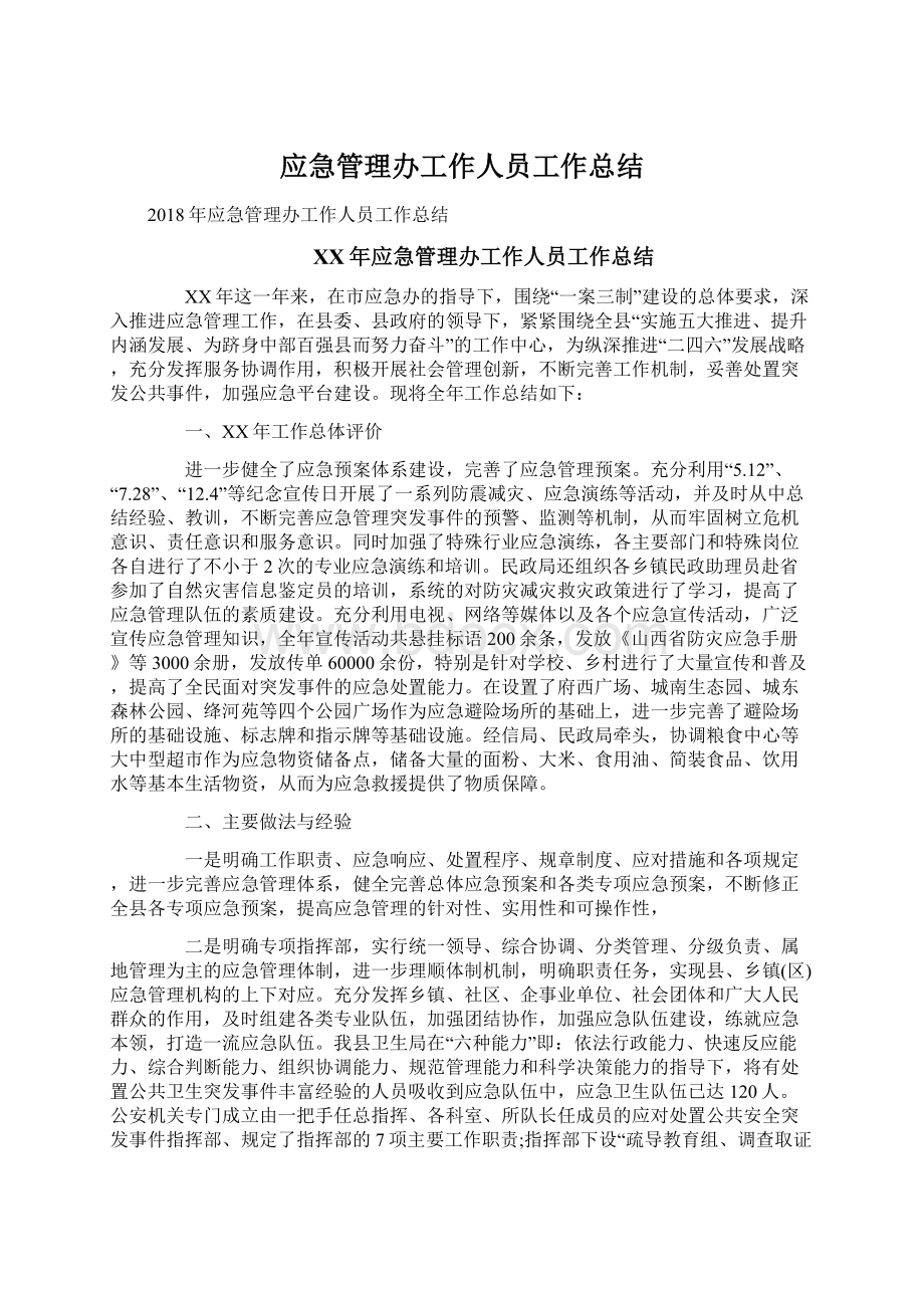 应急管理办工作人员工作总结Word文档下载推荐.docx