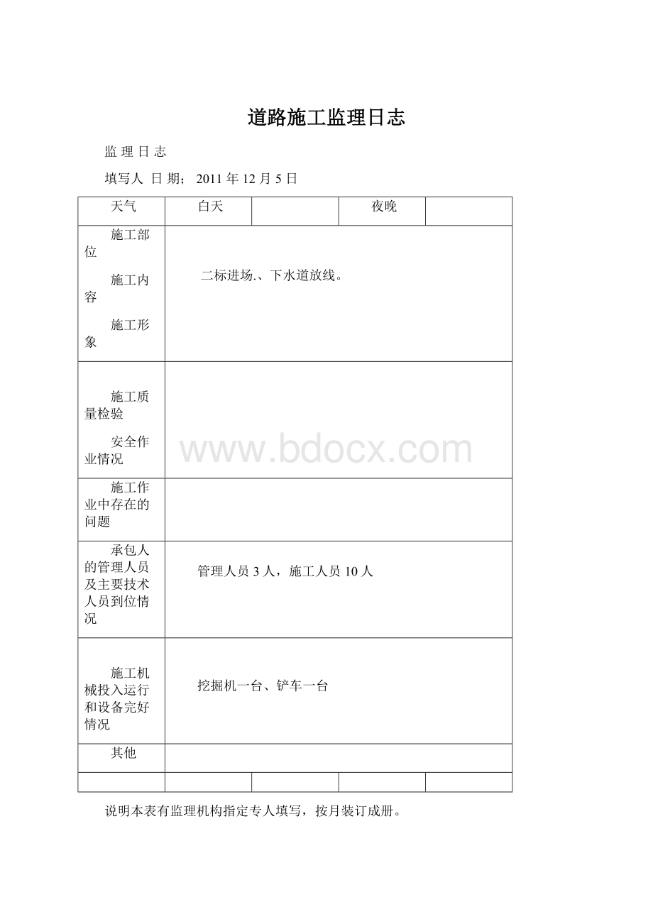 道路施工监理日志Word下载.docx