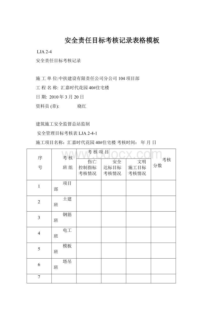 安全责任目标考核记录表格模板Word格式.docx_第1页