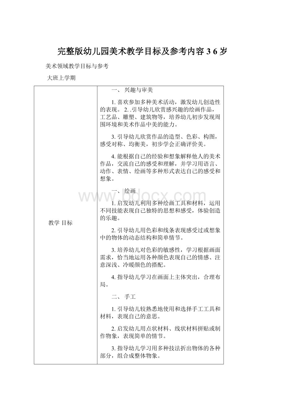 完整版幼儿园美术教学目标及参考内容3 6岁Word文档下载推荐.docx_第1页