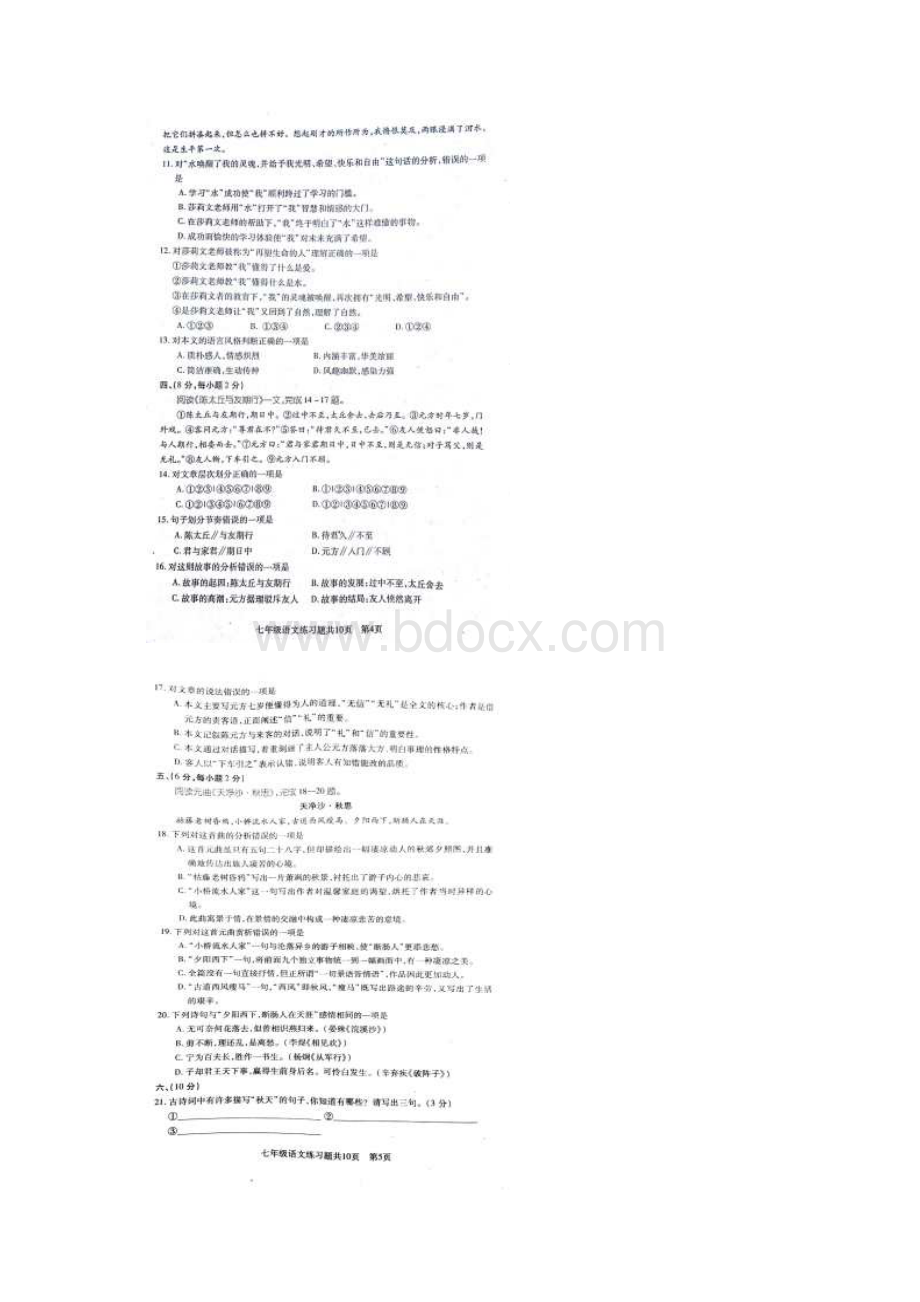 山东省泰安市岱岳区七年级语文上学期期中试题扫描版.docx_第3页