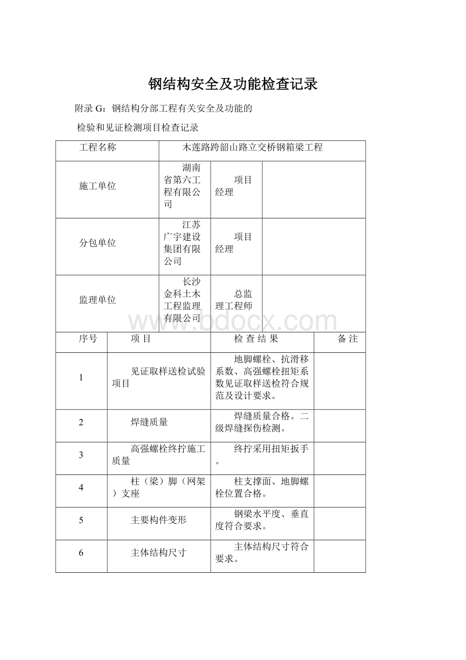 钢结构安全及功能检查记录.docx_第1页