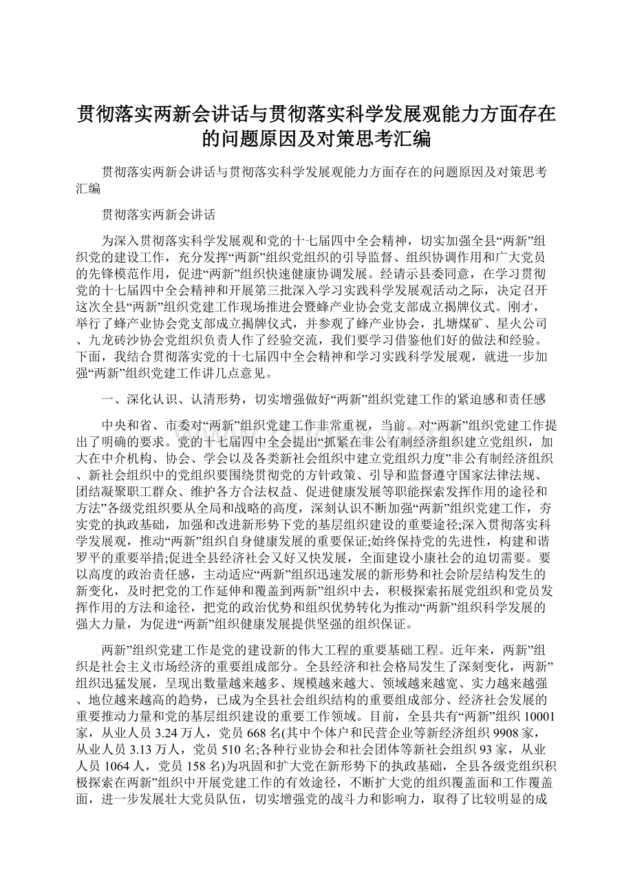 贯彻落实两新会讲话与贯彻落实科学发展观能力方面存在的问题原因及对策思考汇编.docx